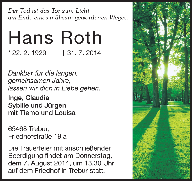  Traueranzeige für Hans Roth vom 05.08.2014 aus Rüsselsheimer Echo, Groß-Gerauer-Echo, Ried Echo
