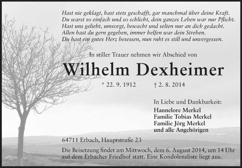  Traueranzeige für Wilhelm Dexheimer vom 05.08.2014 aus Odenwälder Echo