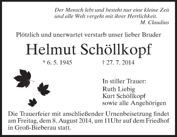 Traueranzeige von Helmut Schöllkopf von Echo-Zeitungen (Gesamtausgabe)