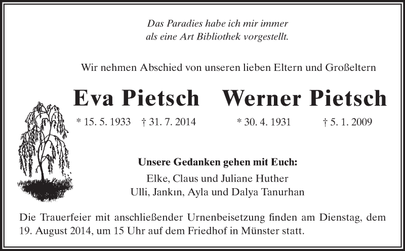  Traueranzeige für Eva und Werner Pietsch vom 16.08.2014 aus Echo-Zeitungen (Gesamtausgabe)