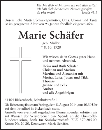 Traueranzeige von Marie Schäfer von Echo-Zeitungen (Gesamtausgabe)