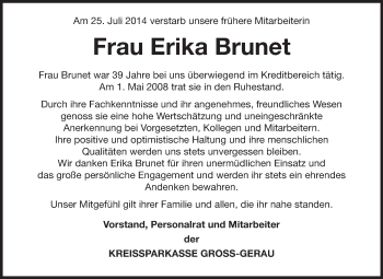 Traueranzeige von Erika Brunet von Rüsselsheimer Echo, Groß-Gerauer-Echo, Ried Echo