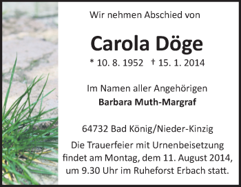 Traueranzeige von Carola Döge von Odenwälder Echo