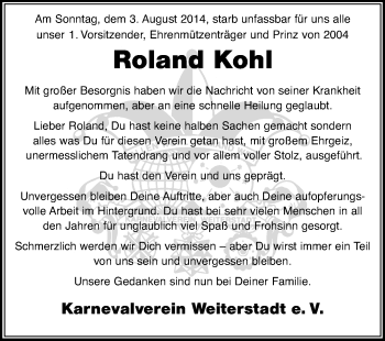 Traueranzeige von Roland Kohl von Echo-Zeitungen (Gesamtausgabe)