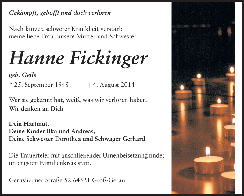  Traueranzeige für Hanne Fickinger vom 09.08.2014 aus Echo-Zeitungen (Gesamtausgabe)