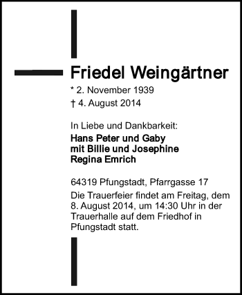 Traueranzeige von Friedel Weingärtner von Echo-Zeitungen (Gesamtausgabe)