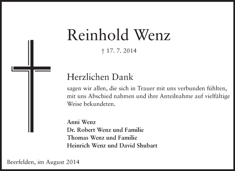  Traueranzeige für Reinhold Wenz vom 09.08.2014 aus Odenwälder Echo