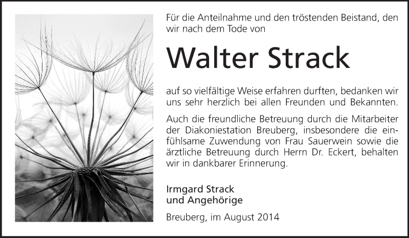  Traueranzeige für Walter Strack vom 11.08.2014 aus Odenwälder Echo