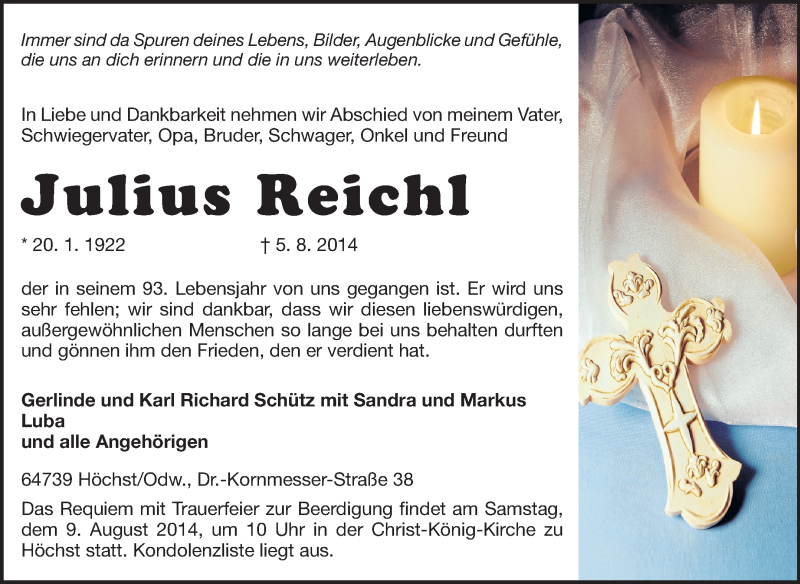  Traueranzeige für Julius Reichl vom 07.08.2014 aus Odenwälder Echo