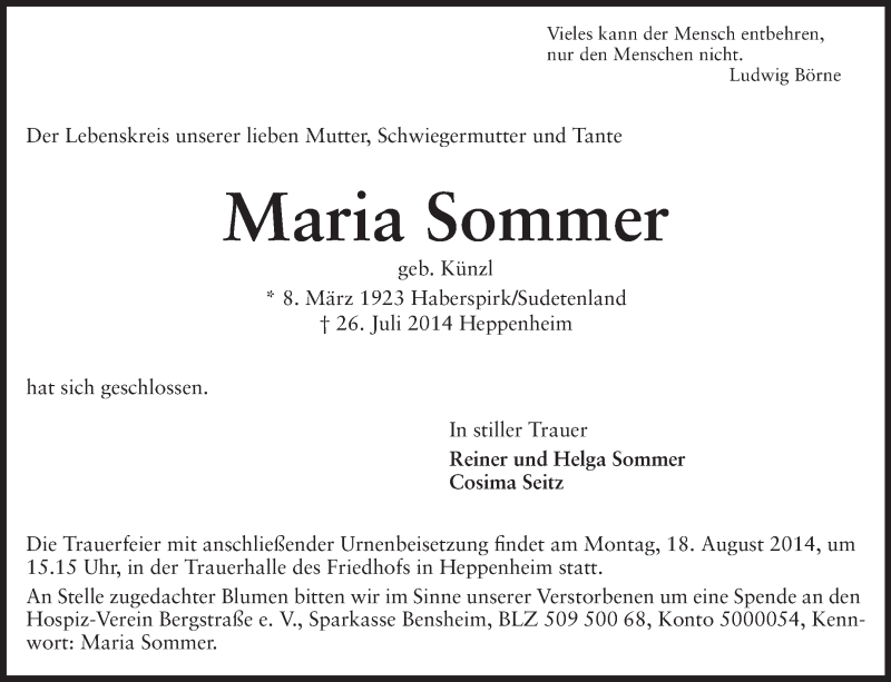  Traueranzeige für Maria Sommer vom 08.08.2014 aus Starkenburger Echo