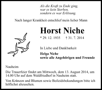 Traueranzeige von Horst Niche von Rüsselsheimer Echo, Groß-Gerauer-Echo, Ried Echo
