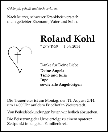 Traueranzeige von Roland Kohl von Echo-Zeitungen (Gesamtausgabe)