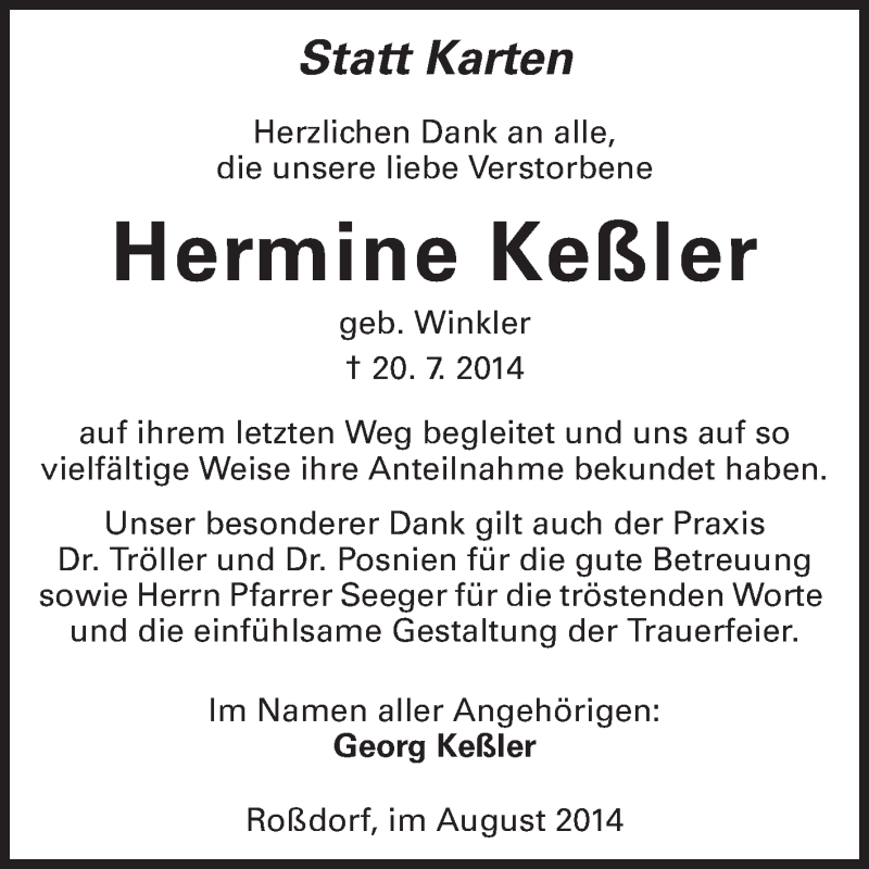  Traueranzeige für Hermine Keßler vom 09.08.2014 aus Echo-Zeitungen (Gesamtausgabe)