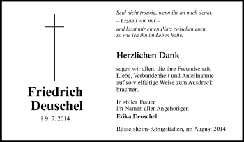 Traueranzeige von Friedrich Deuschel von Rüsselsheimer Echo, Groß-Gerauer-Echo, Ried Echo