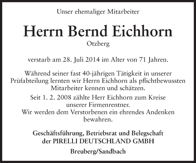  Traueranzeige für Bernd Eichhorn vom 09.08.2014 aus Odenwälder Echo