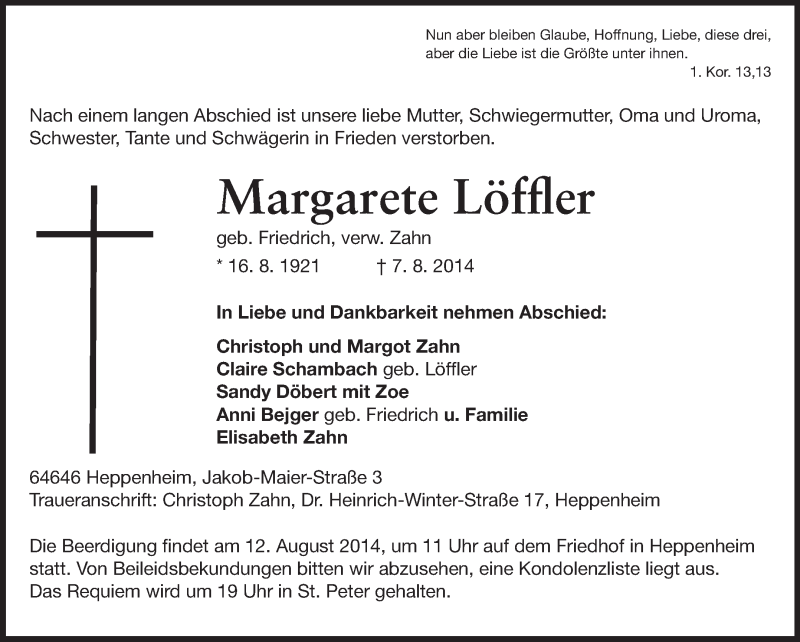  Traueranzeige für Margarete Löffler vom 09.08.2014 aus Starkenburger Echo