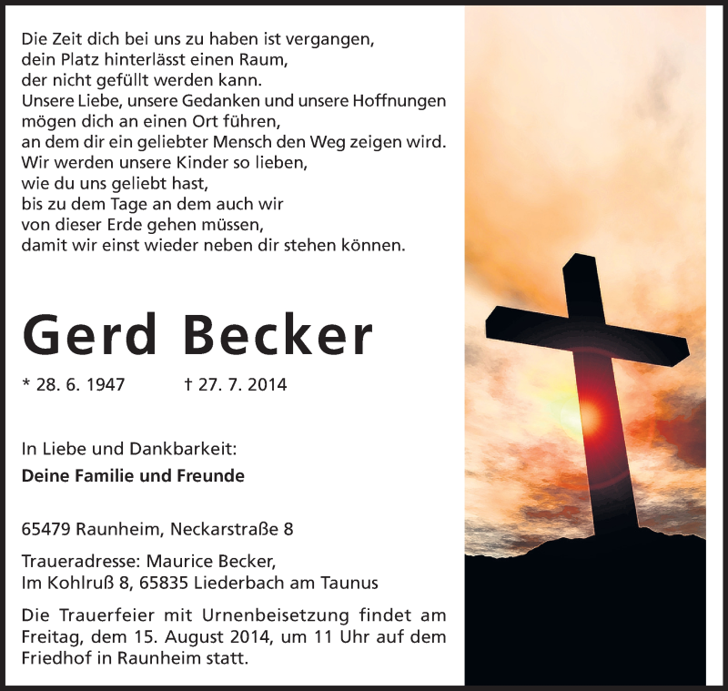  Traueranzeige für Gerd Becker vom 12.08.2014 aus Rüsselsheimer Echo, Groß-Gerauer-Echo, Ried Echo