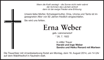 Traueranzeige von Erna Weber von Rüsselsheimer Echo, Groß-Gerauer-Echo, Ried Echo