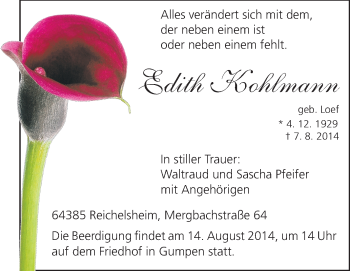 Traueranzeige von Edith Kohlmann von Echo-Zeitungen (Gesamtausgabe)