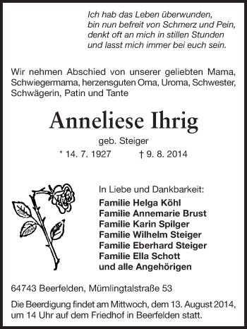 Traueranzeige von Anneliese Ihrig von Odenwälder Echo