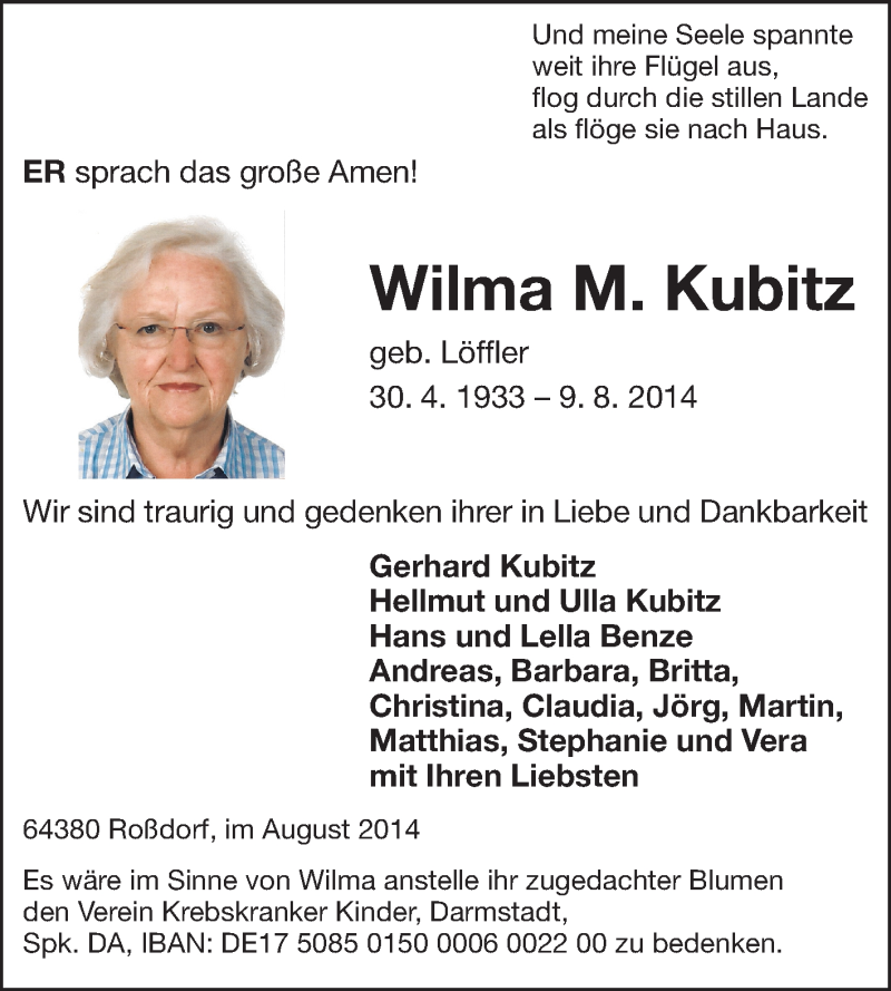  Traueranzeige für Wilma Kubitz vom 12.08.2014 aus Darmstädter Echo, Odenwälder Echo, Rüsselsheimer Echo, Groß-Gerauer-Echo, Ried Echo