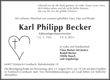 Traueranzeige von Karl Philipp Becker von Odenwälder Echo
