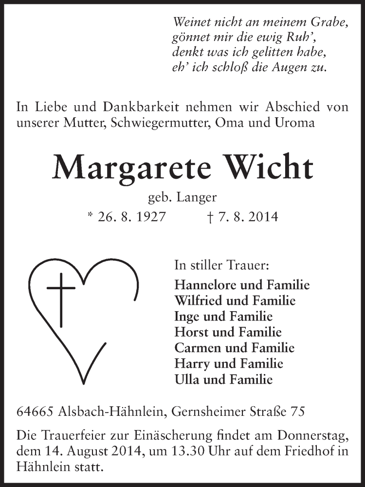  Traueranzeige für Margarete Wicht vom 12.08.2014 aus Echo-Zeitungen (Gesamtausgabe)