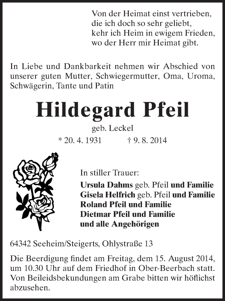  Traueranzeige für Hildegard Pfeil vom 12.08.2014 aus Echo-Zeitungen (Gesamtausgabe)