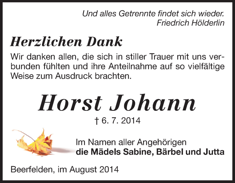  Traueranzeige für Horst Johann vom 15.08.2014 aus Odenwälder Echo