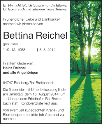 Traueranzeige von Bettina Reichel von Odenwälder Echo