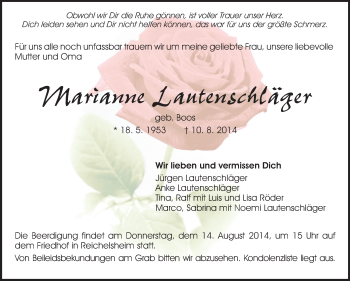 Traueranzeige von Marianne Lautenschläger von Odenwälder Echo