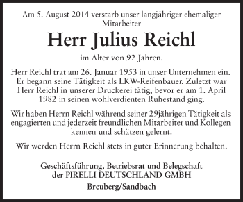 Traueranzeige von Julius Reich von Odenwälder Echo