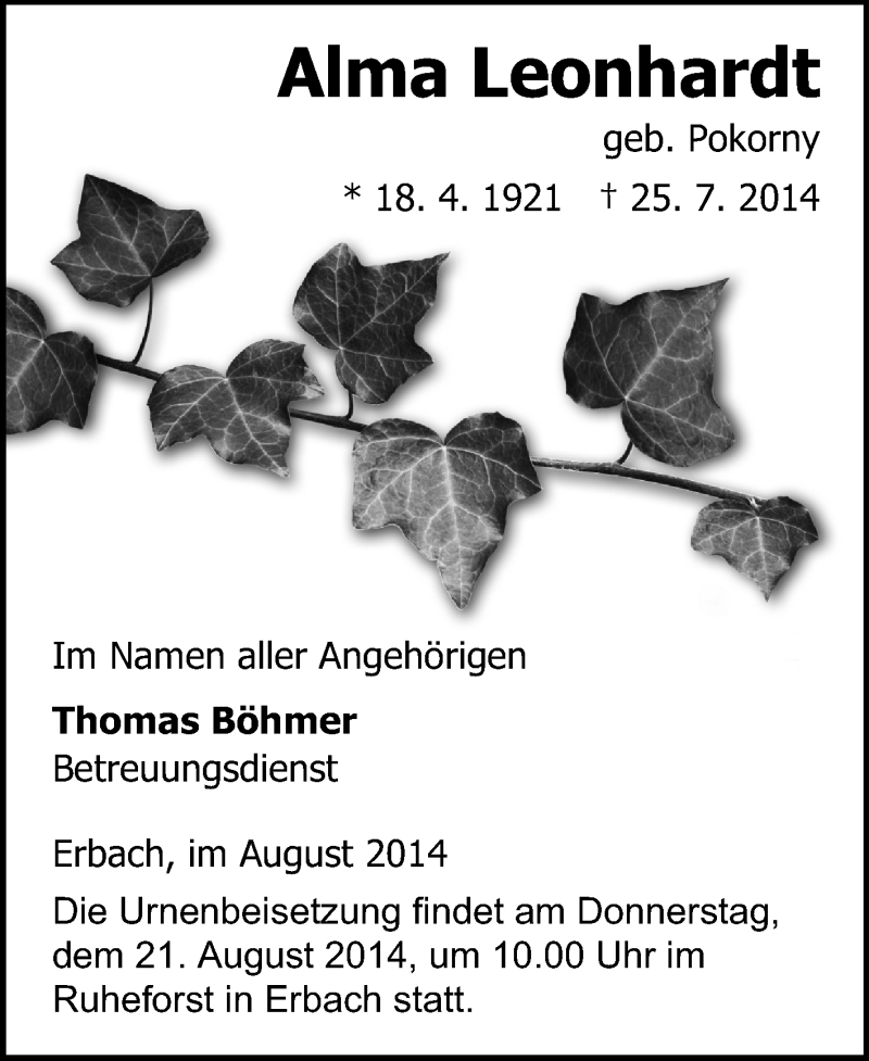  Traueranzeige für Alma Leonhardt vom 15.08.2014 aus Odenwälder Echo