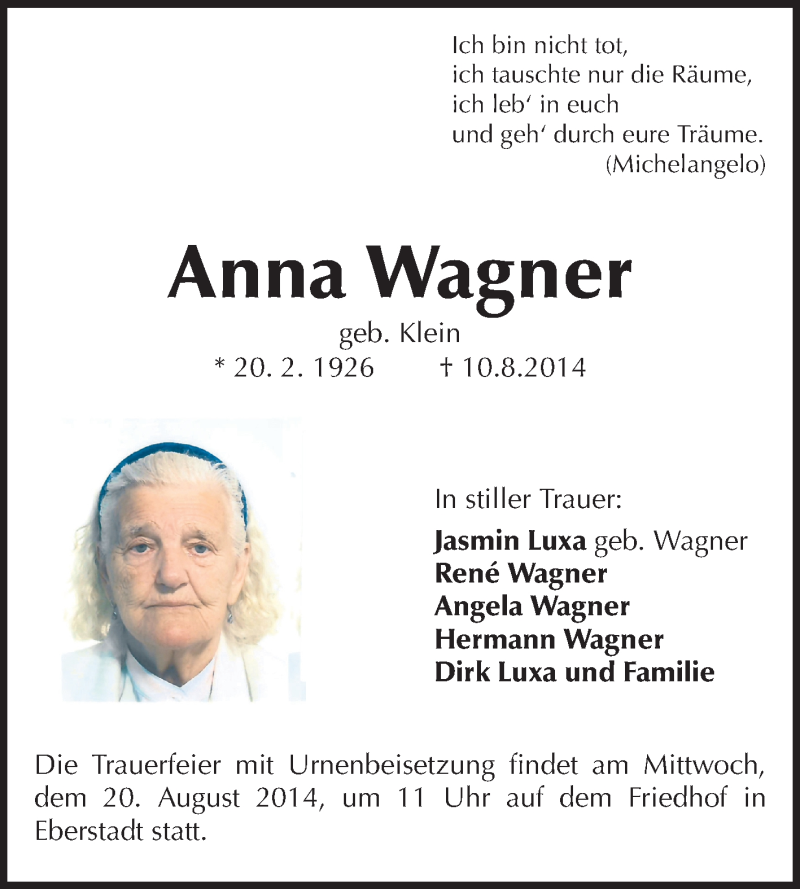  Traueranzeige für Anna Wagner vom 16.08.2014 aus Echo-Zeitungen (Gesamtausgabe)