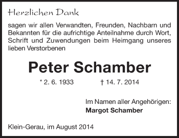 Traueranzeige von Peter Schamber von Rüsselsheimer Echo, Groß-Gerauer-Echo, Ried Echo