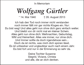 Traueranzeige von Wolfgang Gürtler von Darmstädter Echo, Odenwälder Echo, Rüsselsheimer Echo, Groß-Gerauer-Echo, Ried Echo