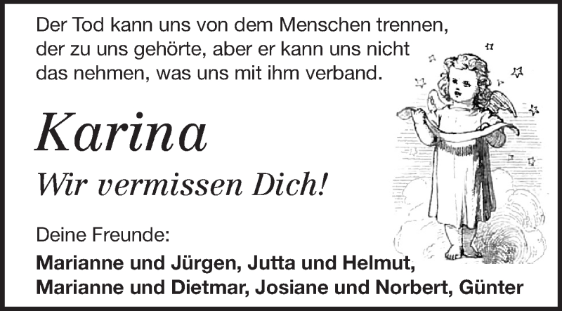  Traueranzeige für Karina  vom 13.08.2014 aus Rüsselsheimer Echo, Groß-Gerauer-Echo, Ried Echo