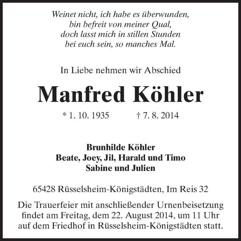  Traueranzeige für Manfred Köhler vom 16.08.2014 aus Rüsselsheimer Echo, Groß-Gerauer-Echo, Ried Echo