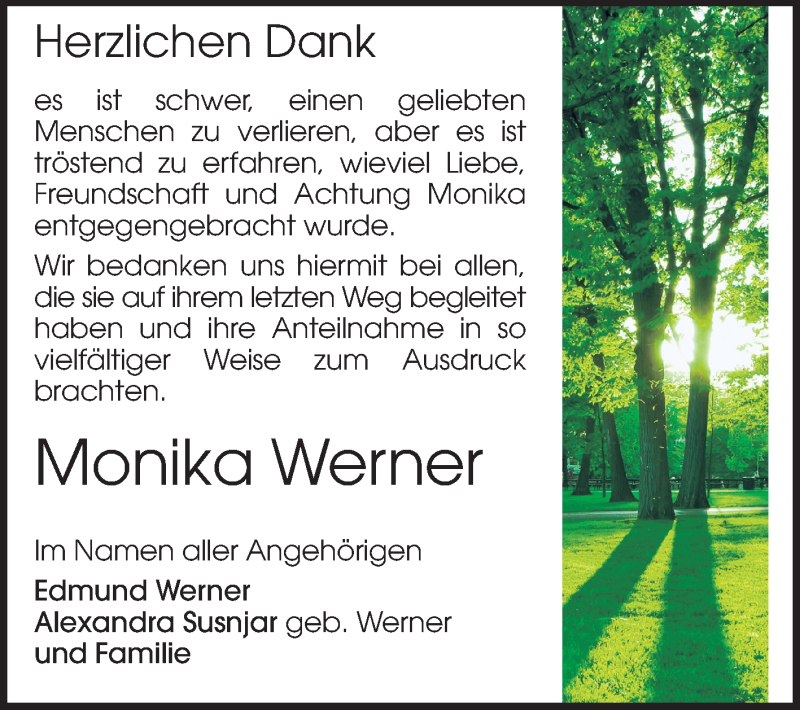  Traueranzeige für Monika Werner vom 16.08.2014 aus Echo-Zeitungen (Gesamtausgabe)
