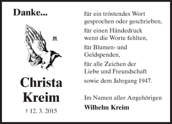 Traueranzeige von Christa Kreim von Odenwälder Echo