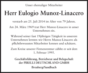 Traueranzeige von Eulogio Munoz-Linacero von Odenwälder Echo