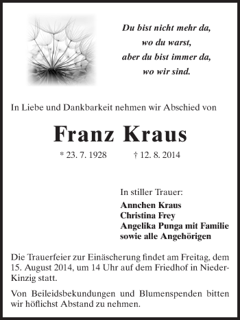 Traueranzeige von Franz Kraus von Odenwälder Echo