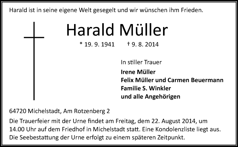  Traueranzeige für Harald Müller vom 16.08.2014 aus Odenwälder Echo