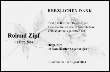 Traueranzeige von Roland Zipf von Rüsselsheimer Echo, Groß-Gerauer-Echo, Ried Echo