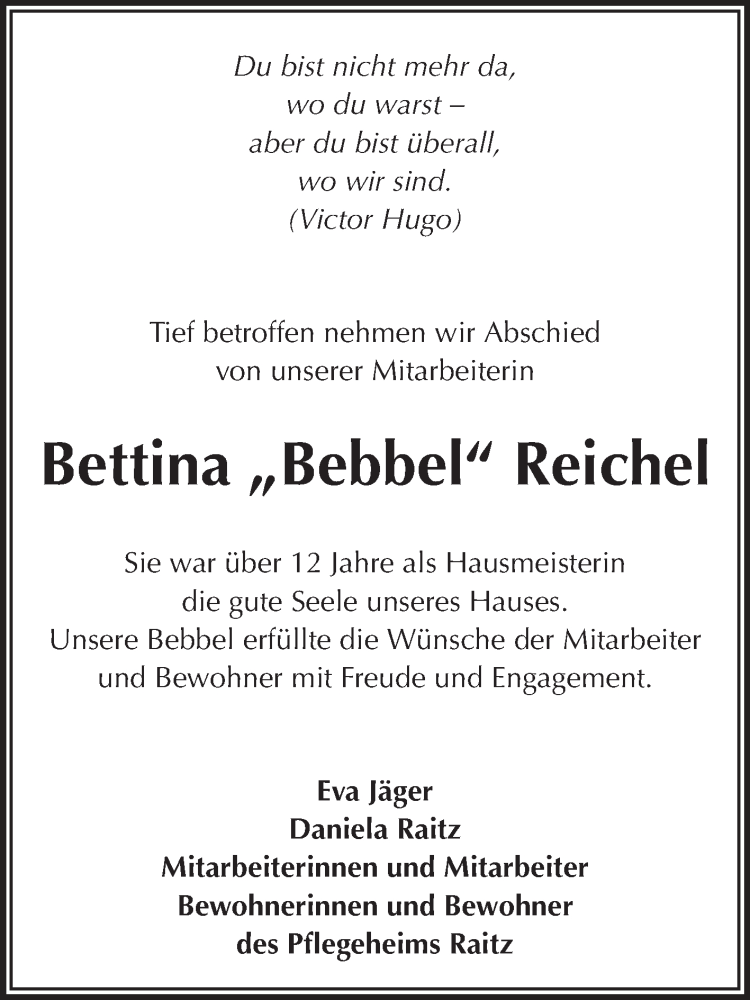  Traueranzeige für Bettina Reichel vom 16.08.2014 aus Odenwälder Echo