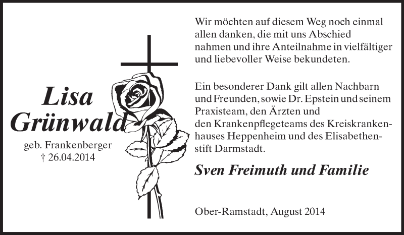  Traueranzeige für Lisa Grünwald vom 16.08.2014 aus Echo-Zeitungen (Gesamtausgabe)