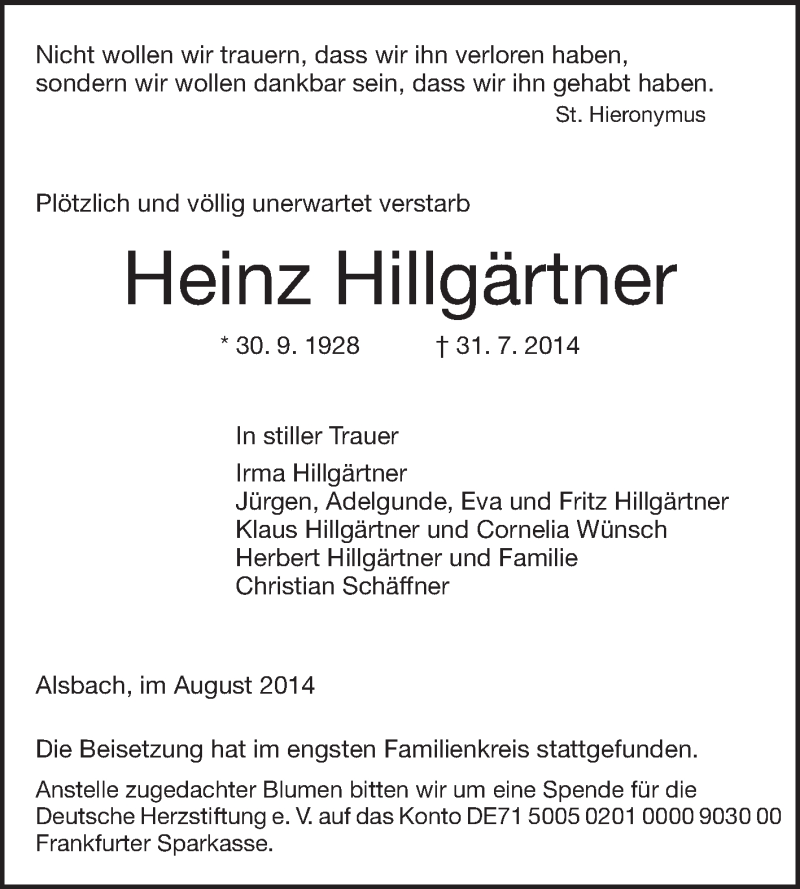  Traueranzeige für Heinz Hillgärtner vom 20.08.2014 aus Echo-Zeitungen (Gesamtausgabe)