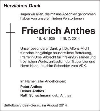Traueranzeige von Friedrich Anthes von Rüsselsheimer Echo, Groß-Gerauer-Echo, Ried Echo