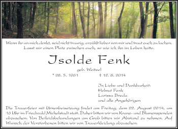 Traueranzeige von Isolde Fenk von Echo-Zeitungen (Gesamtausgabe)