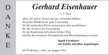 Traueranzeige von Gerhard Eisenhauer von Odenwälder Echo